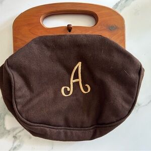 Vintage Brown Clutch with Wooden Handle